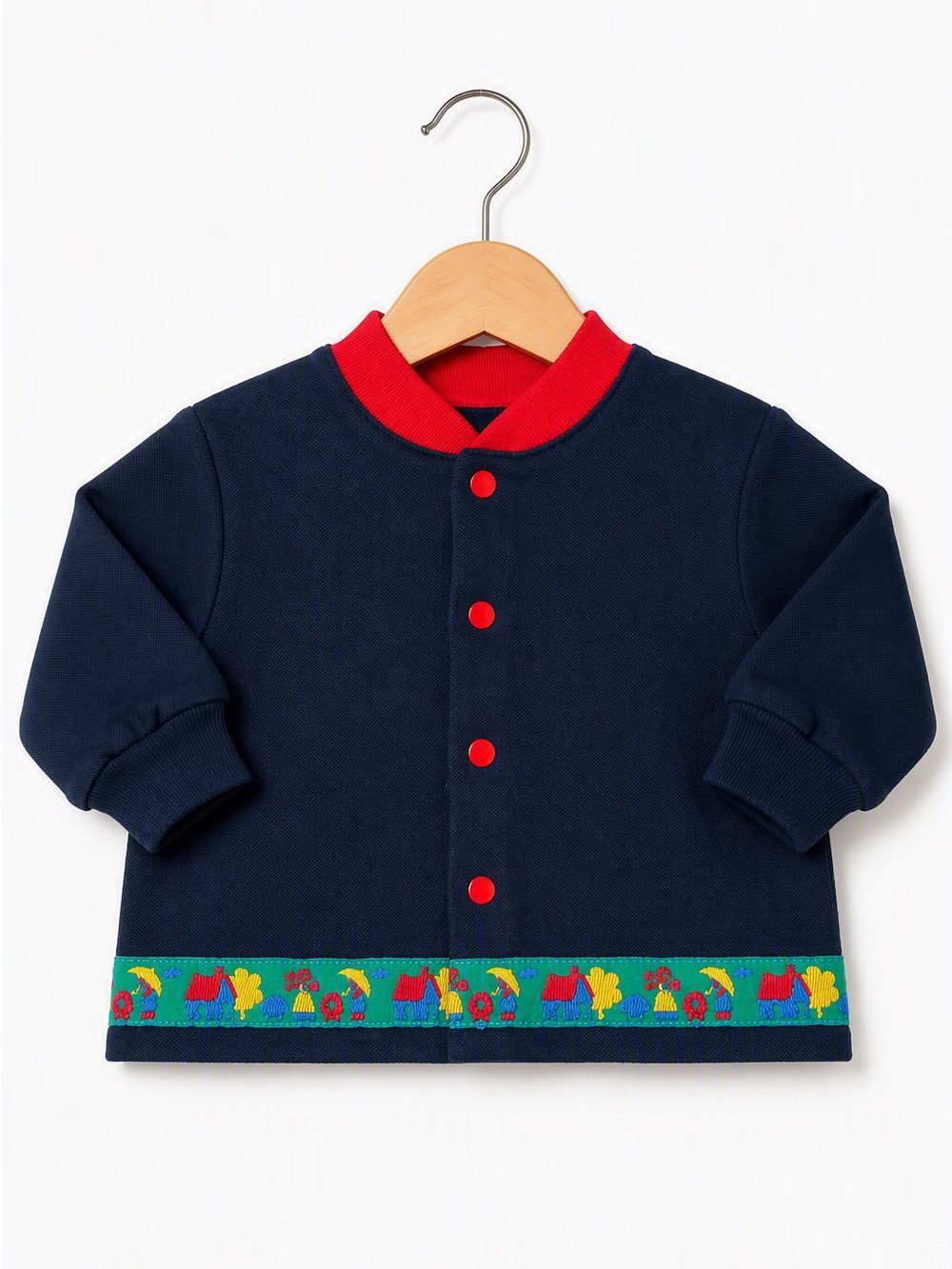 Vintage Le Mouton Noir 90s Navy Red Knit Bomber Jacket Red Snaps Umbrella Border